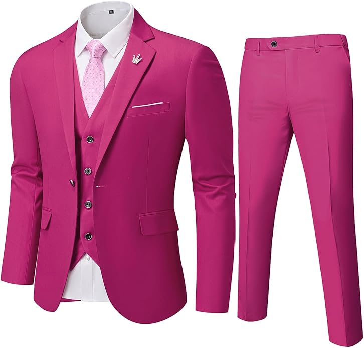 Rosa Herrenanzug mit Weste und Krawatte, elegantes Design, ideal für formelle Anlässe.