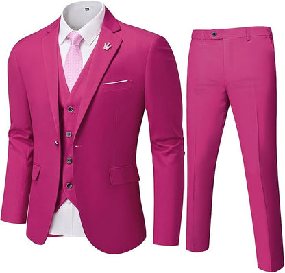 Rosa Herrenanzug mit Weste und Krawatte, elegantes Design, ideal für formelle Anlässe.