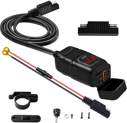 Motorfiets USB & Type-C Snellader met Voltmeter – Drayvik