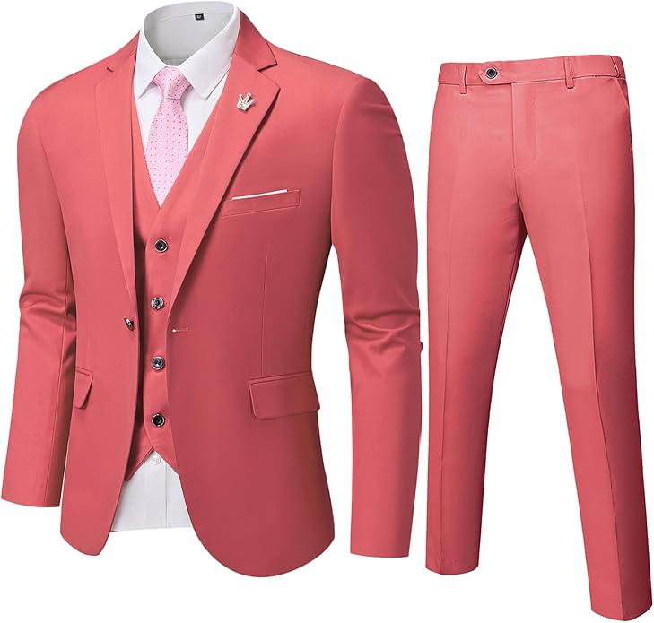 Rosa Herrenanzug mit Weste und Krawatte, elegantes Design, ideal für formelle Anlässe.