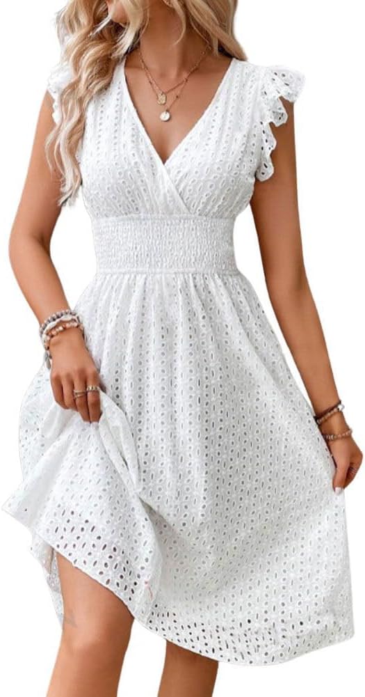 Adeline Robe Midi Femme Été – Robe Broderie Anglaise Col V avec Manches Volants & Taille Smockée