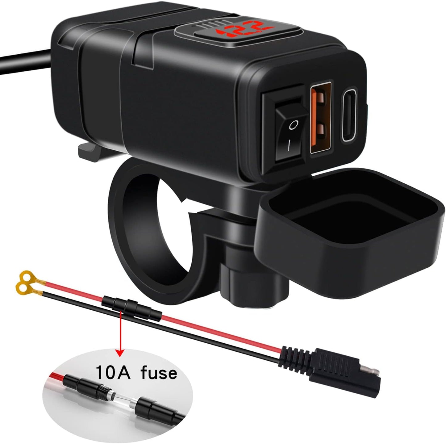 Motorfiets USB & Type-C Snellader met Voltmeter – Drayvik