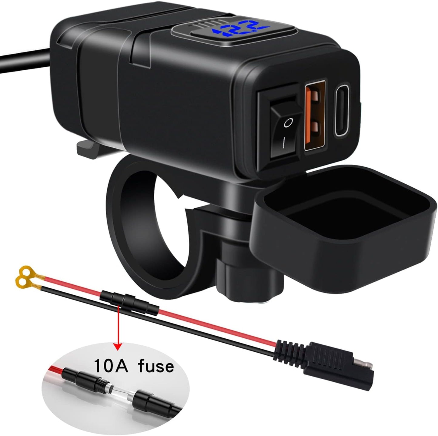 Motorfiets USB & Type-C Snellader met Voltmeter – Drayvik