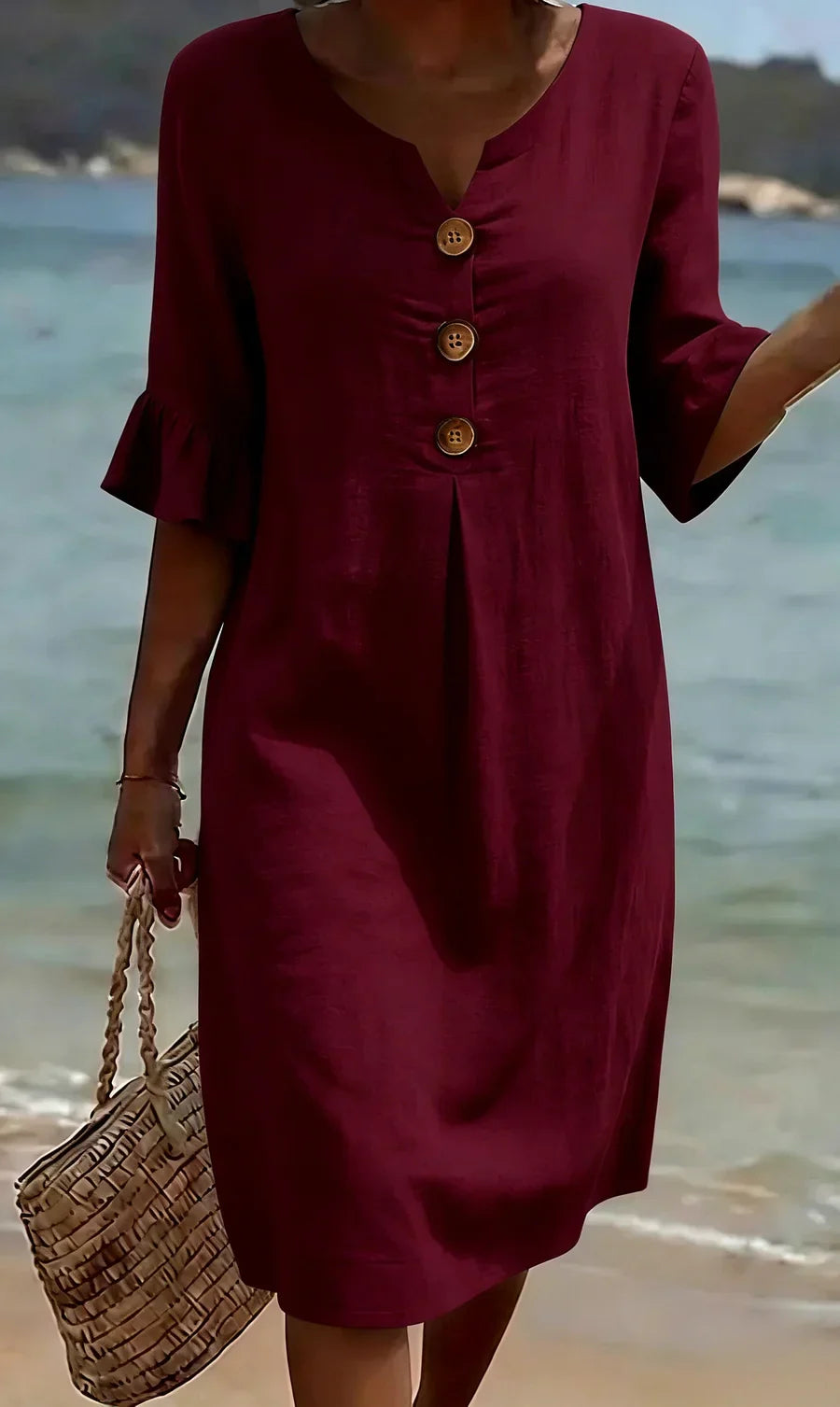 Mlaina - Button Front Ruffle Sleeve Midi Dress