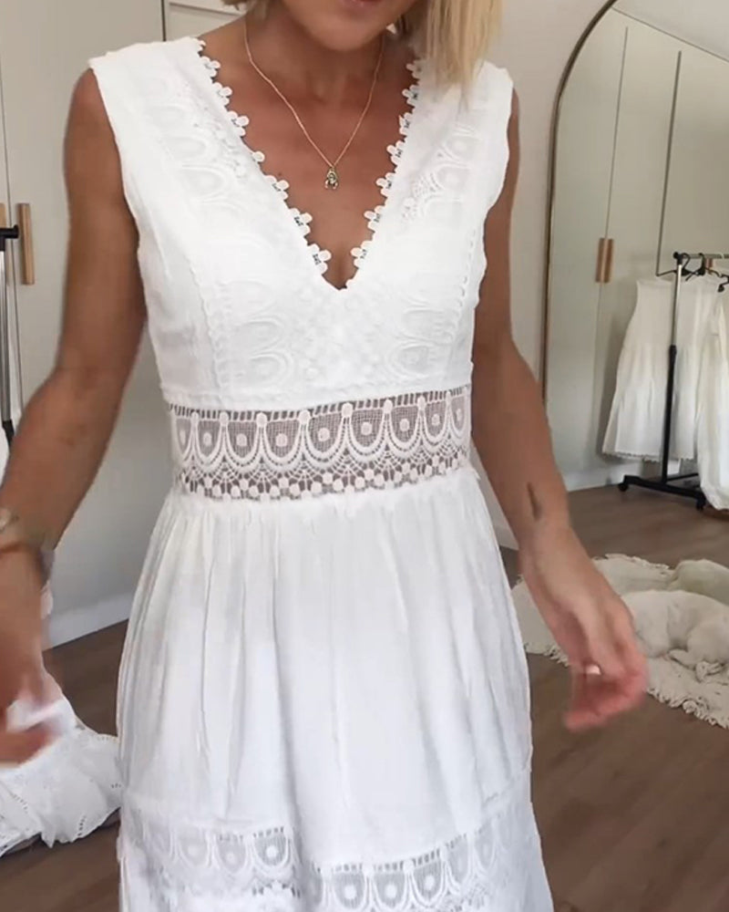 Robe midi femme dentelle col V sans manches fluide élégante été