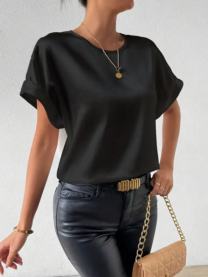 Valkirra - T shirt en satin à manches courtes roulées et encolure ronde