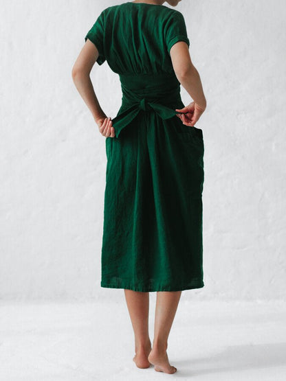 Elowiran - Linen Lace Up Dress