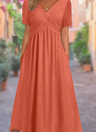 Robe longue femme col V fluide manches courtes avec poches été élégante