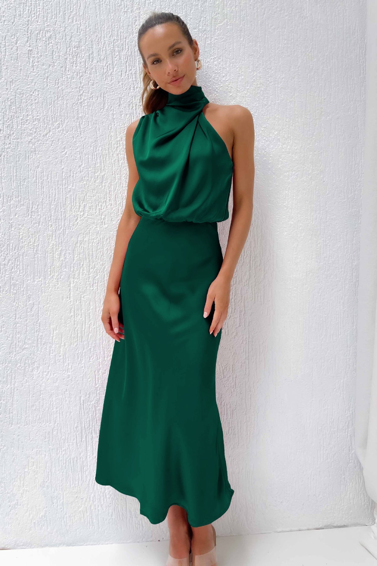 Elegant Ivy Long Satin Dress featuring a sophisticated halter neckline, perfect for weddings and formal events. - 6