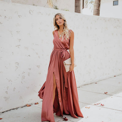 Sarah – Robe maxi fluide avec fente latérale et taille marquée femme