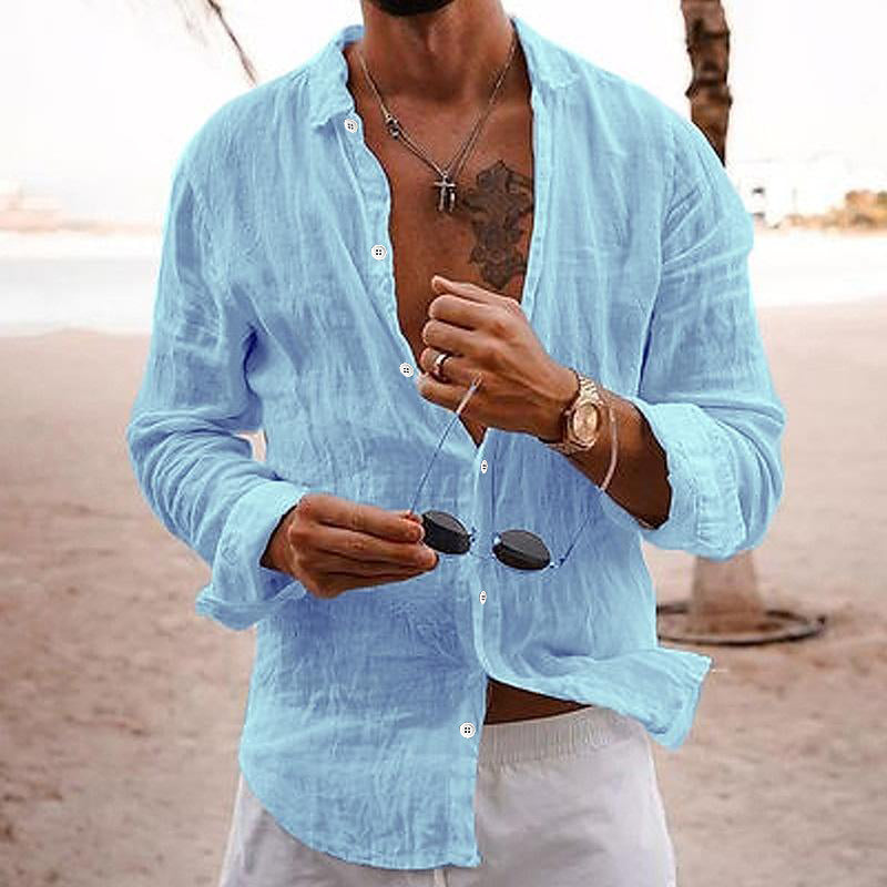 Daryon | Herenkatoenen linnen shirt met lange mouwen – casual effen kleur met knopen, ademend