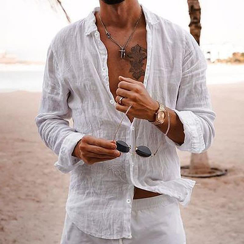 Daryon | Herenkatoenen linnen shirt met lange mouwen – casual effen kleur met knopen, ademend