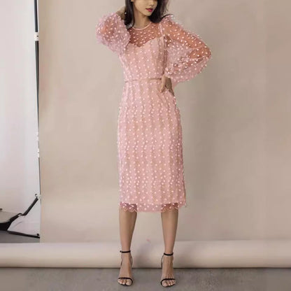 Damen Transparentes Kleid mit Transparenten Puffärmeln und Blumenstickerei