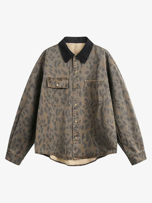 Distressed Cheetah Print Denim Shirt Vintage Style
