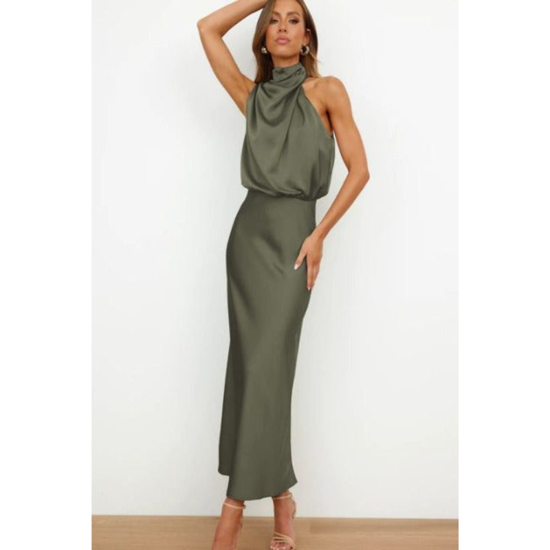 Sorella | Damska Elegancka Satynowa Sukienka Midi z Halterem