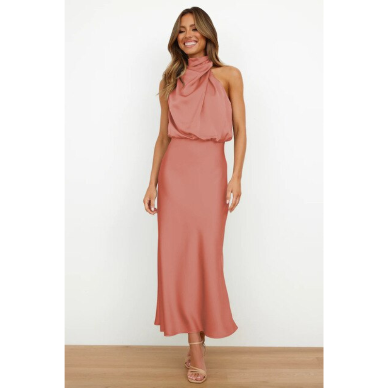 Sorella | Damska Elegancka Satynowa Sukienka Midi z Halterem