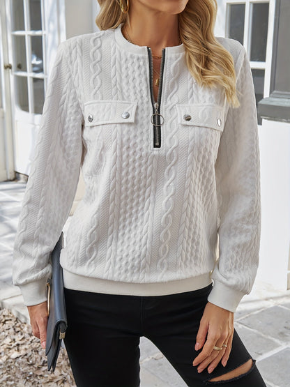 Zip-Up Cable Knit Sweater with Pockets — Practical