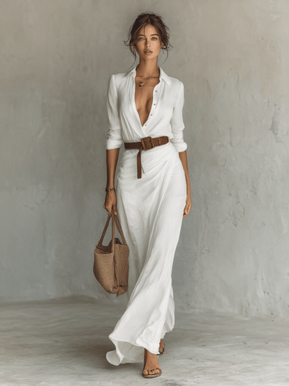 Allison - Lapel Belted Long Dress