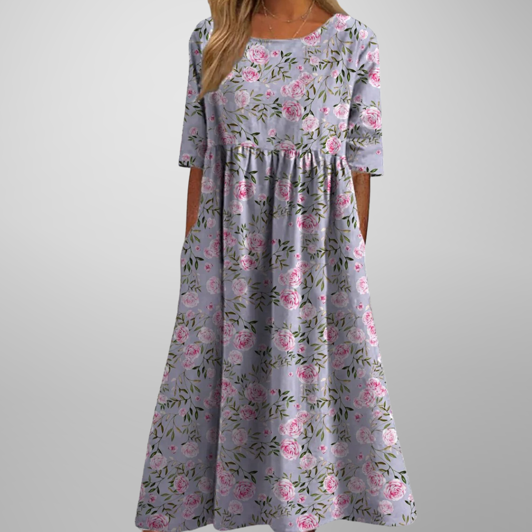 Women's Floral Print Round Neck Midi Dress