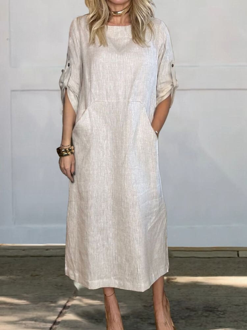 Comfortable plain linen dress with pockets for women