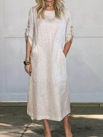 Comfortable plain linen dress with pockets for women