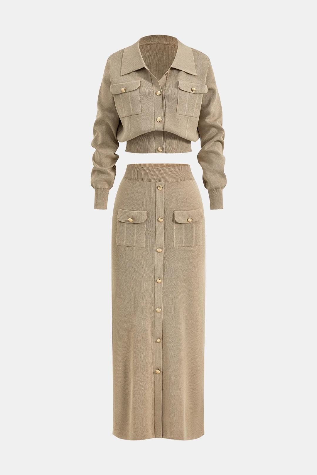 Briella – Cropped Knit Button-Up Top & Maxi Skirt Set