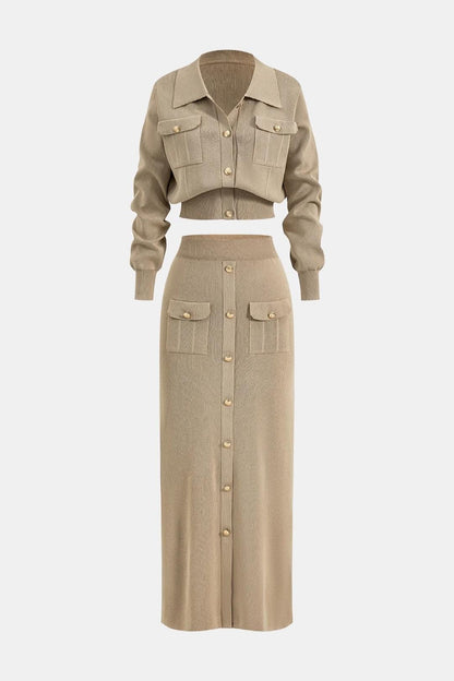 Briella – Cropped Knit Button-Up Top & Maxi Skirt Set