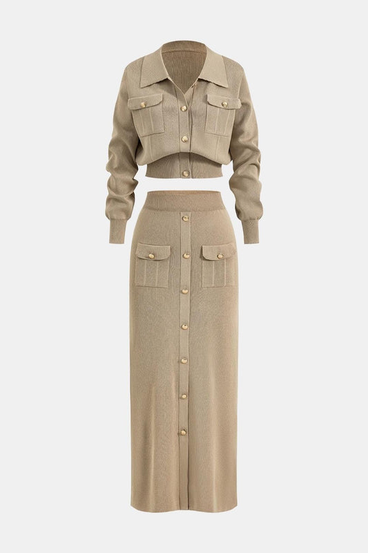 Briella – Cropped Knit Button-Up Top & Maxi Skirt Set