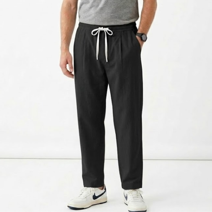 Pantalon Homme en Coton et Lin Coupe Large avec Taille Élastique et Cordon