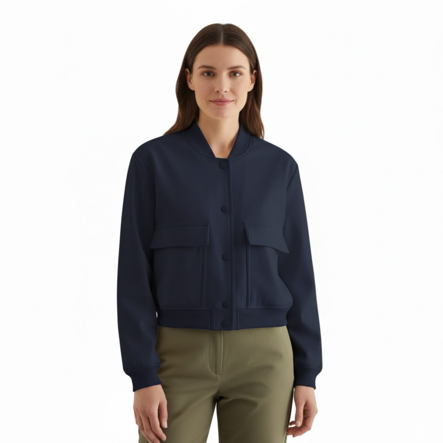 Mairead – Kurze Damen Bomberjacke Mit Knöpfen Und Pattentaschen