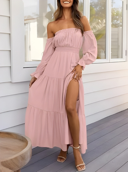 Robe longue bohème à épaules dénudées pour femme – Robe d'été trapèze fendue et à volants