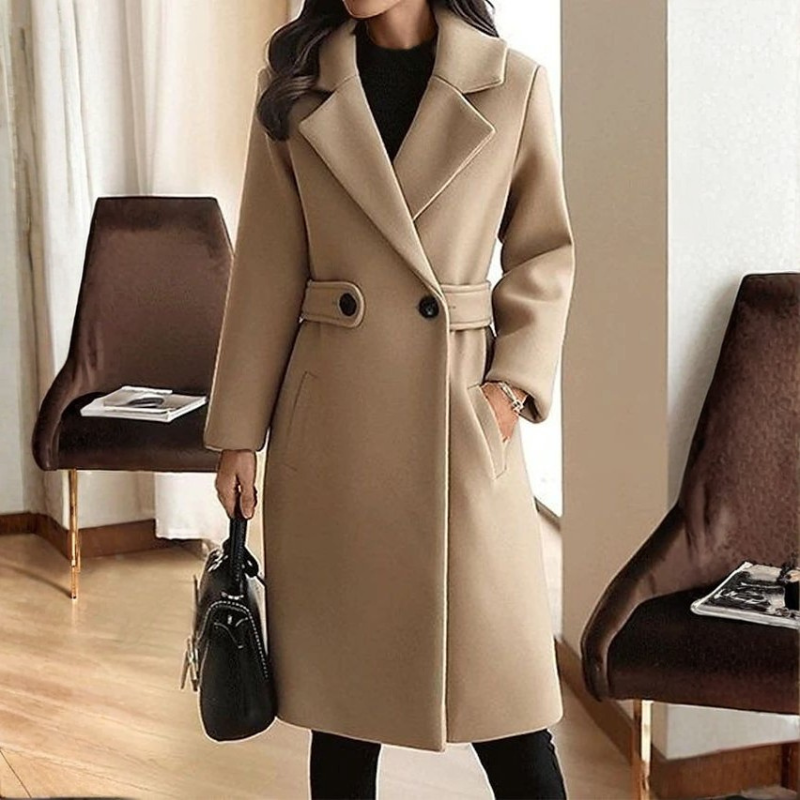 Faith - Long Sleeve Long Coat with Belted Waist and Side Pockets