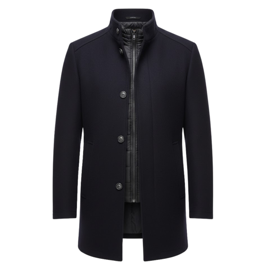 Manteau long en laine à col montant et double boutonnage