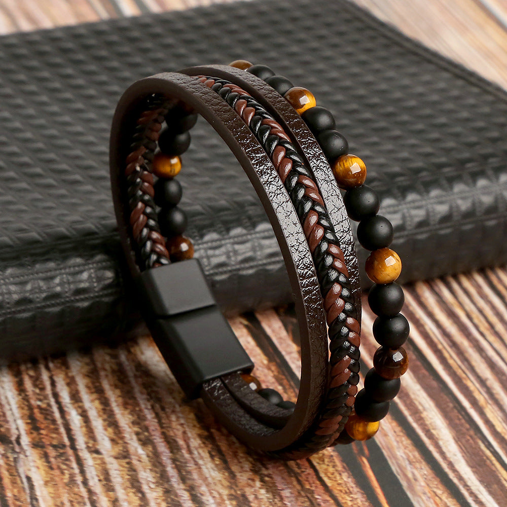 Men's Braided Wristband Accessory with Stone Embellishments