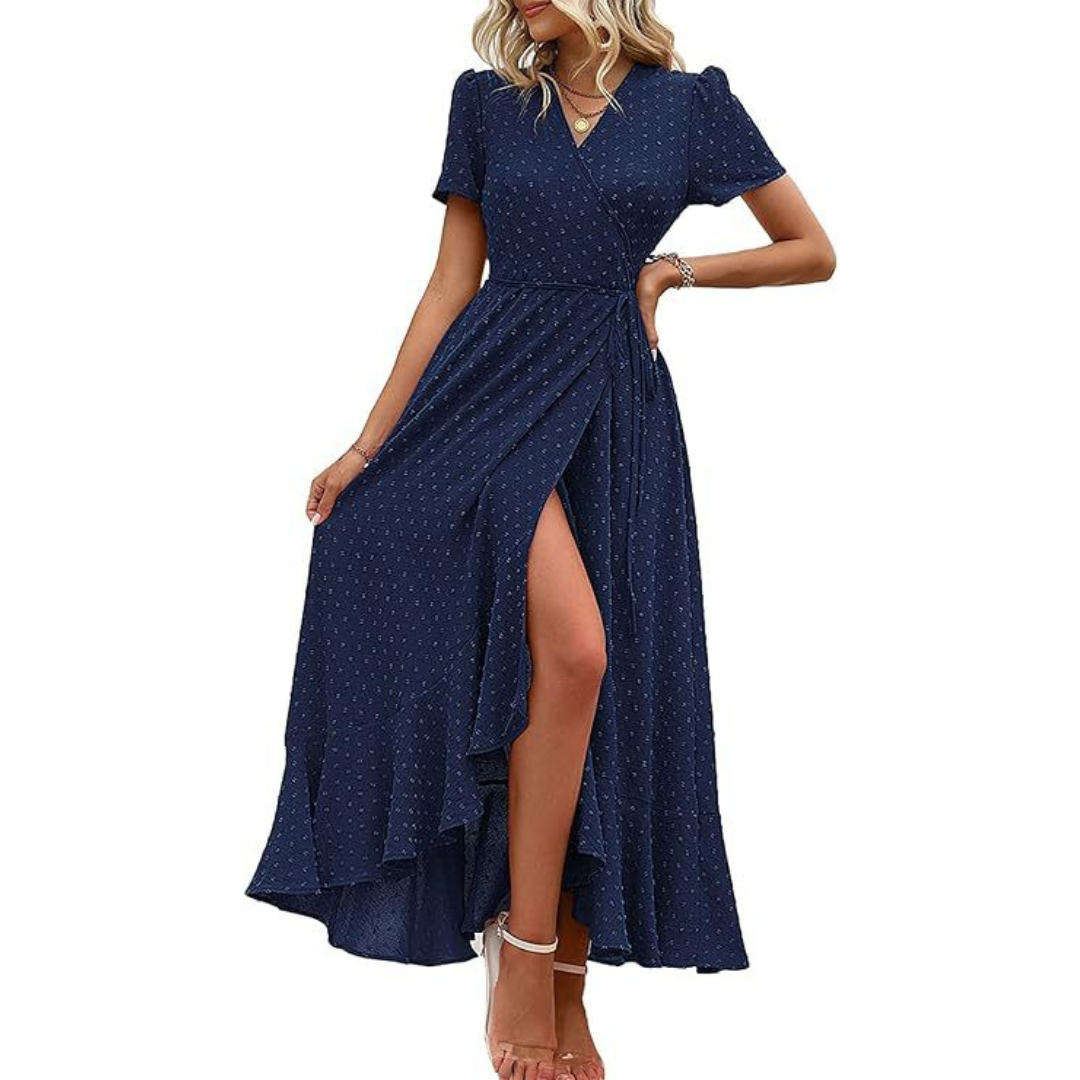 MARJORIE - Cozy Summer Wrap Ruffle Hem Split Maxi Dress