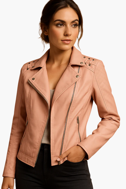 Veste Femme En Cuir – Veste Biker Zippée Élégante Coupe Ajustée