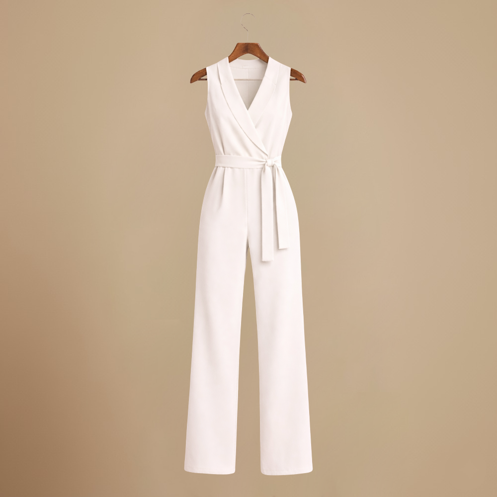 Women's casual v-neck wide leg jumpsuit with waist strap