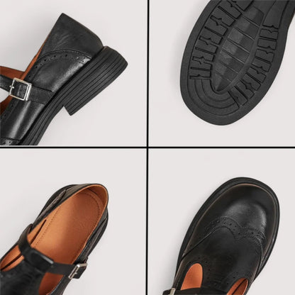 Women's Leather T-Strap Brogue Mary Jane Shoes