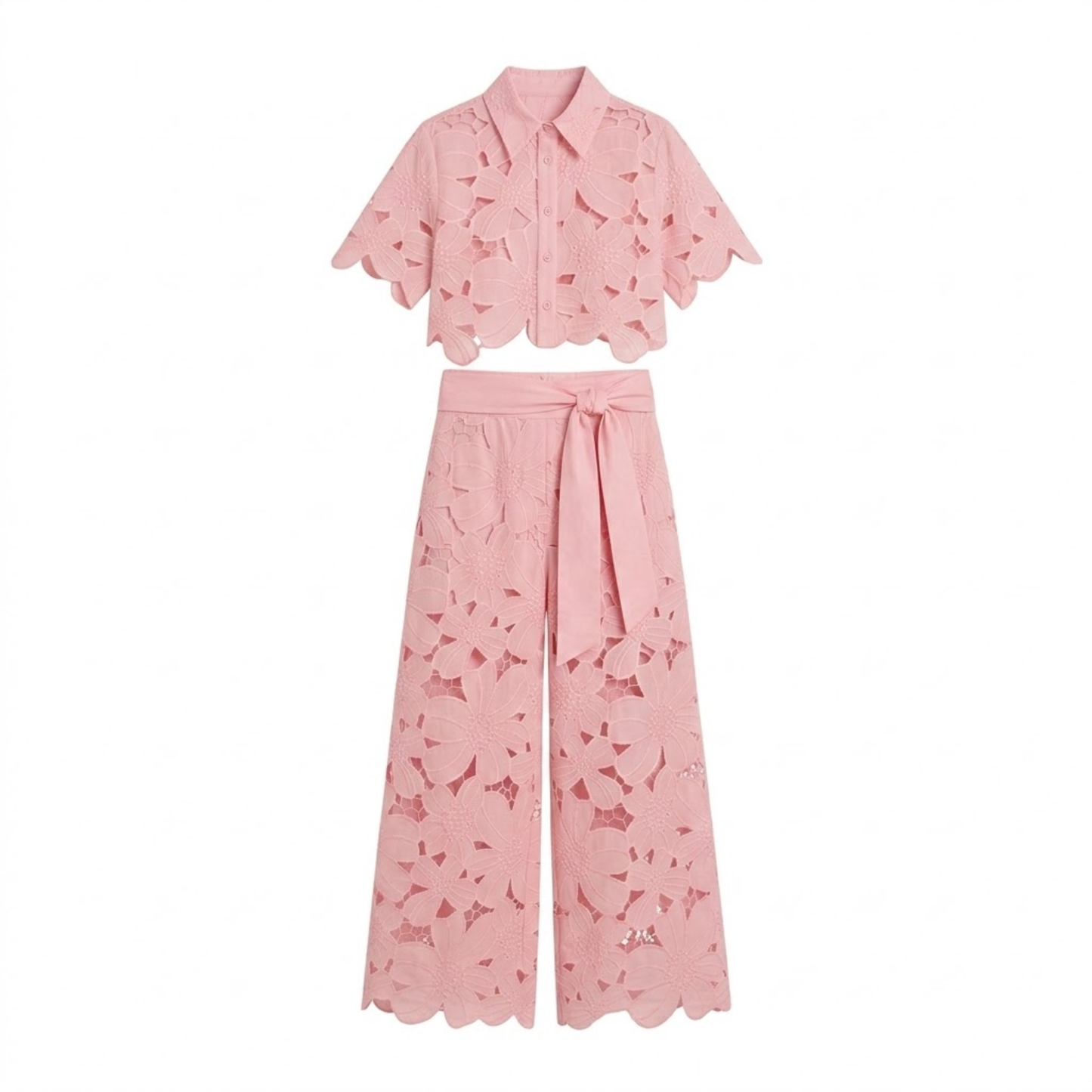 Ensemble Deux Pièces Femme avec Haut Court en Dentelle et Pantalon Large