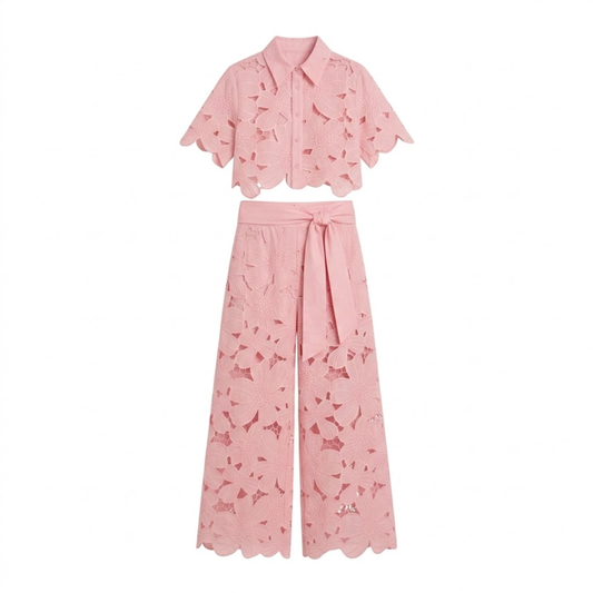 Ensemble Deux Pièces Femme avec Haut Court en Dentelle et Pantalon Large