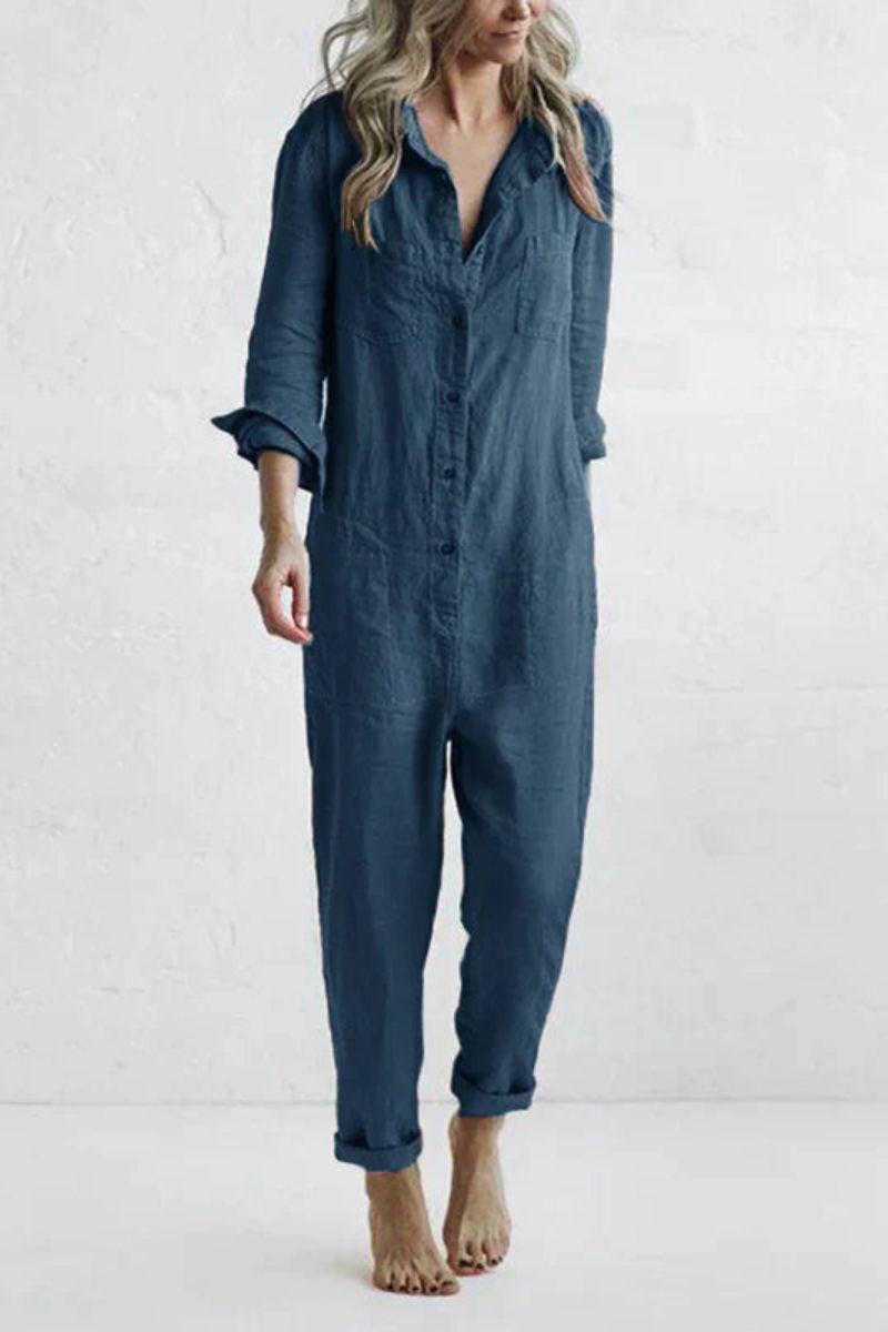 Audrey Casual Langærmet Button Up Jumpsuit | Flatterende pasform med brystlomme | Perfekt til både afslappede og elegante lejligheder