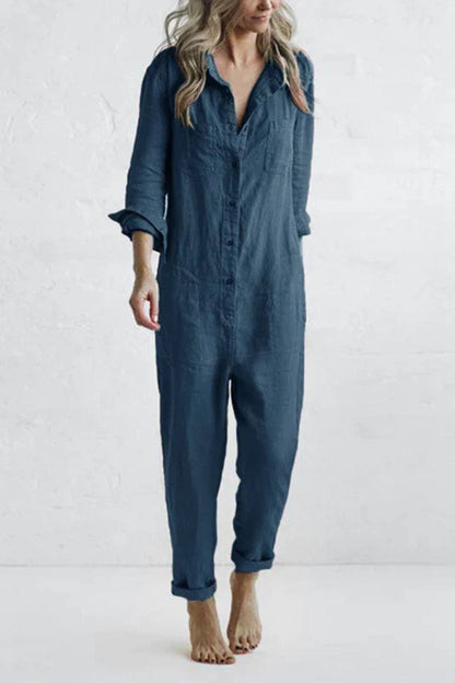 Audrey Casual Langærmet Button Up Jumpsuit | Flatterende pasform med brystlomme | Perfekt til både afslappede og elegante lejligheder