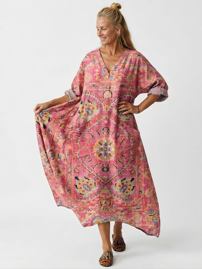 Women’s Linen Kaftan Boho Maxi Dress Floral Embroidered V Neck Relaxed Tunic