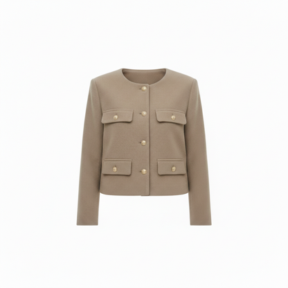 Veste en Polyester à Col Rond avec Boutons Dorés et Poches pour Femme