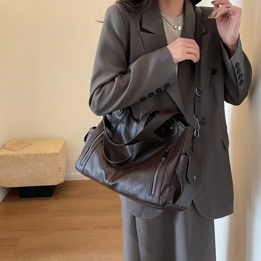 Leather Tote Bag Large Shoulder Handbag Zip Pocket Everyday Spring