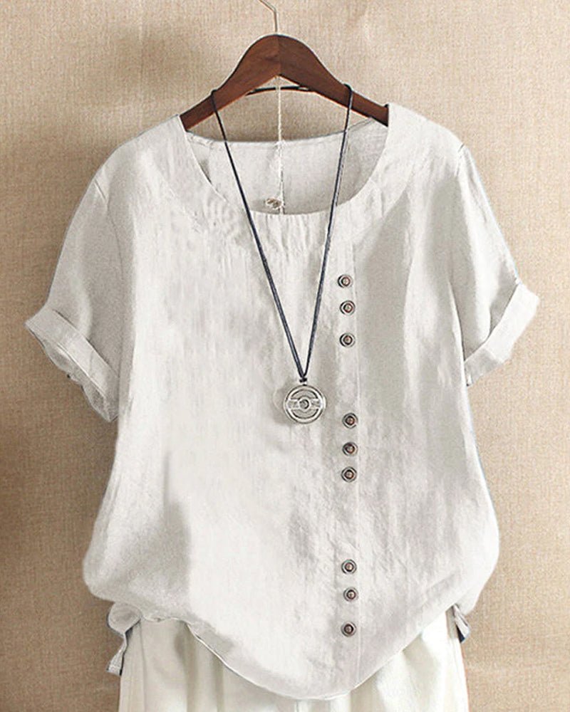Women's Button Front Crew Neck Short Sleeve Casual Top