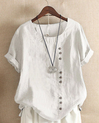 Women's Button Front Crew Neck Short Sleeve Casual Top