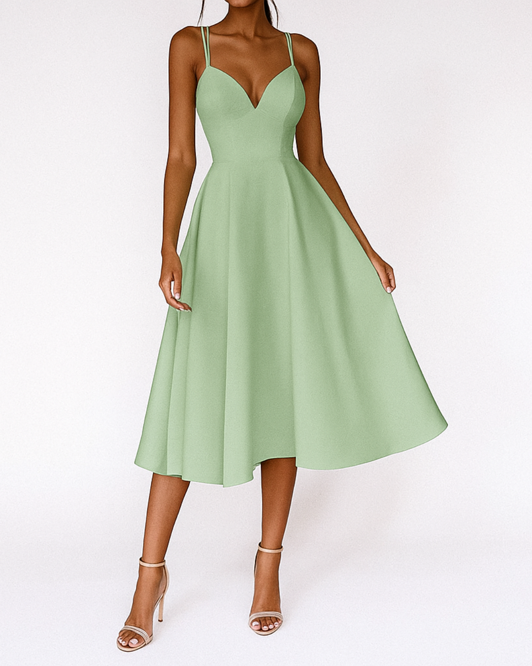 Robe Midi Élégante pour Invitée de Mariage Femme – Robe Flare Plissée à Décolleté V et Bretelles