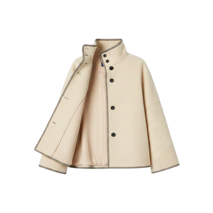 Veste Femme Vintage en Laine Épaules Larges Col Montant Manches Longues Automne Chic