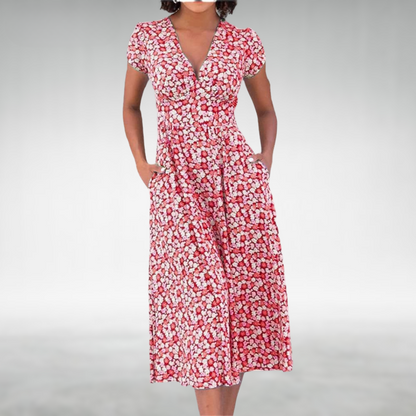 Women's Floral V-Neck Pocket Midi Dress